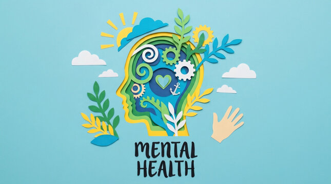 Creative mental wellness illustration featuring balance, healing, positivity, and supportive emotional care.