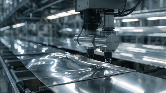 Closeup of inline sensor scanning aluminum sheets for surface defects and flatness in a modern manufacturing line