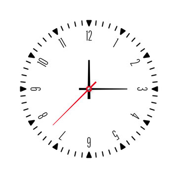 Mechanical clock face with arabic numerals, bezel. Watch dial with minute, hour marks and numbers. Timer or stopwatch element. Blank measuring circle scale with divisions. Vector illustration