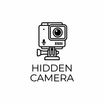 Minimalist line art icon of a compact action camera with a microphone symbol isolated on a white background for security and surveillance concepts