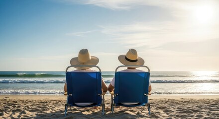 Fototapeta premium Relaxing summer vacation couple enjoying beach view in lounge chairs with straw hats