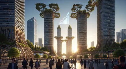 Futuristic Cityscape with Growing Trees and Business Growth Chart
