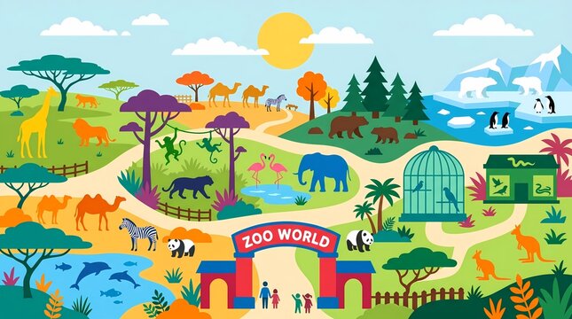 Zoo Park Cartoon Illustration Featuring Wildlife from Around the World