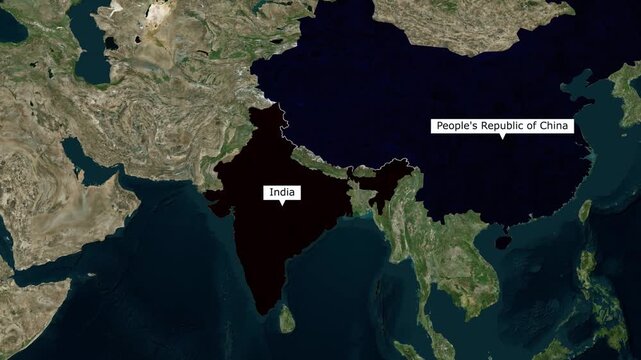 High resolution satellite view of Asia highlighting the territories of India and China for geopolitical presentations