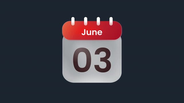 June 3rd Glass Effect Calendar Date Animation With Modern Liquid Glass Scheduler Icon Prores Alpha Channel 4K 60fps