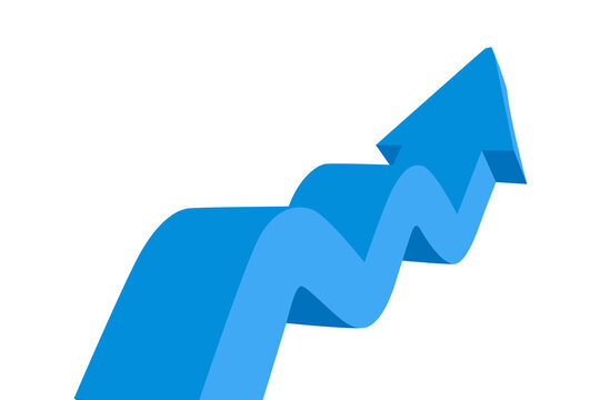 One light blue arrow with zigzag winding path moving upwards isolated on transparent background for business infographic.