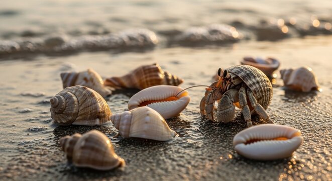 Hermit crab on beach surrounded by shells at sunset