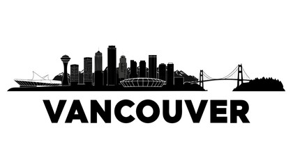 Fototapeta premium Vector illustration of Vancouver skyline in black silhouette, with “VANCOUVER” text, on white background, modern city identity and tour