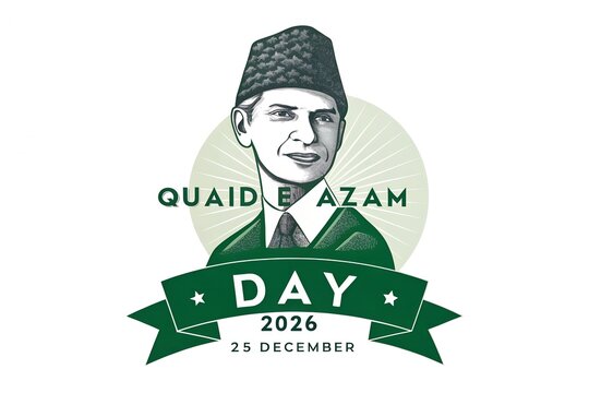 Quaid e Azam Muhammad Ali Jinnah illustration designed for the twenty fifth of December celebration featuring a green ribbon banner and elegant typography on a clean and bright white background