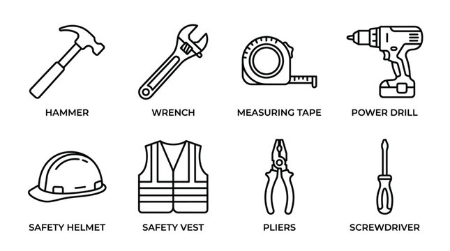 Essential construction and DIY tools with safety gear, line art icons.
