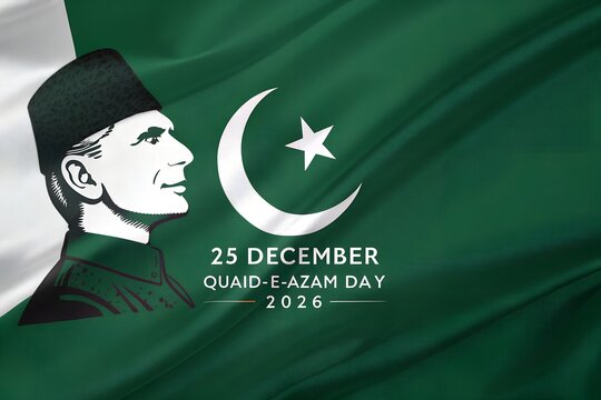 Muhammad ali jinnah portrait illustration with white crescent moon and star symbol displayed on a textured dark green fabric background for the celebration of quaid e azam day in december