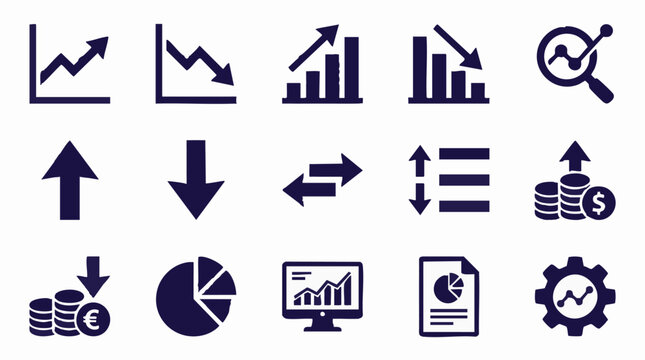 Set of Business and Financial Data Analysis Icons with Graphs and Arrows