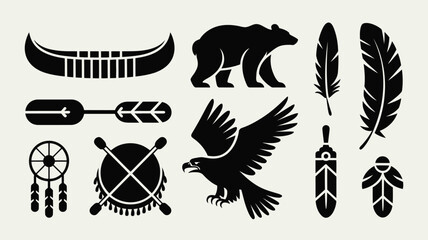 Set of indigenous tribal icons featuring canoe bear eagle feather and dreamcatcher symbols. © SabitaRani