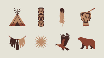 Collection of traditional native american elements with teepee totem pole eagle and bear. © SabitaRani