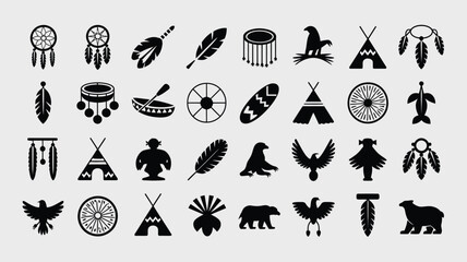Indigenous native american culture silhouettes collection with dreamcatchers and teepees. © SabitaRani