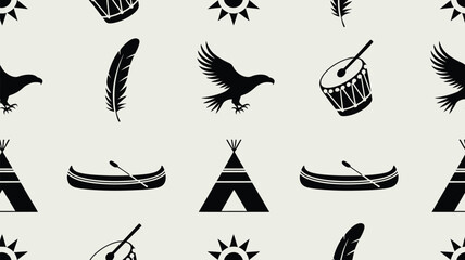Indigenous tribal pattern with drums eagles and canoes on a light grey background texture. © SabitaRani