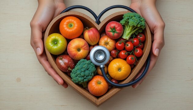 Heart shaped arrangement of fruits and vegetables with stethoscope symbolizing healthy living nutrition wellness and medical awareness