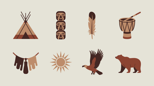 Collection of traditional native american elements with teepee totem pole eagle and bear.