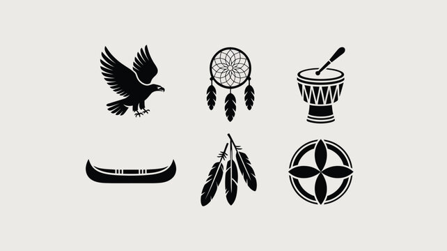 Six icons representing native american culture featuring eagle dreamcatcher drum canoe.