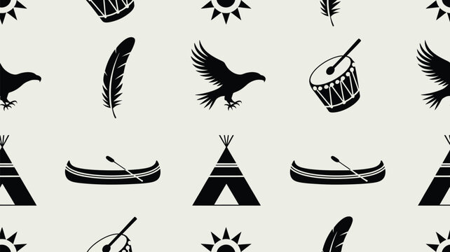 Indigenous tribal pattern with drums eagles and canoes on a light grey background texture.