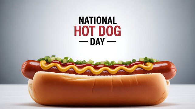 National Hot Dog Day celebration with a close-up of a hot dog topped with mustard and relish