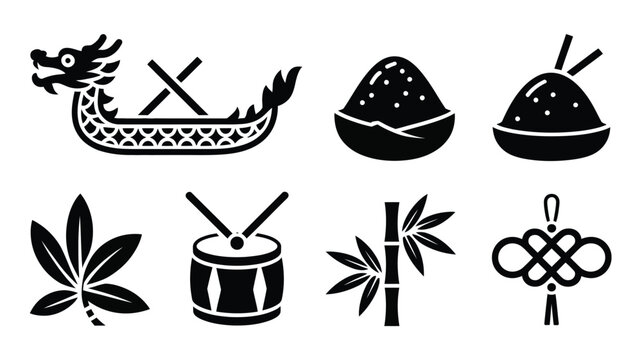 Dragon boat festival traditional symbols with zongzi sticky rice dumplings and bamboo leaf.