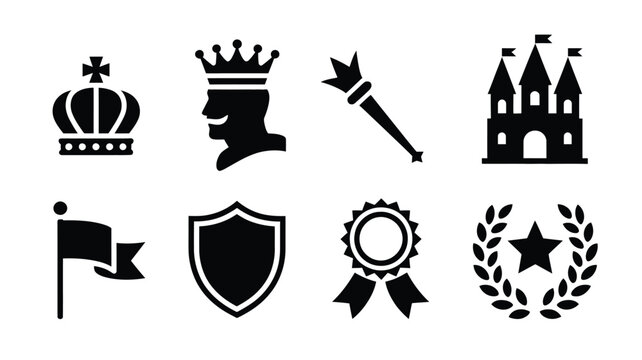 Heraldic royal kingdom icons set featuring crown king profile shield castle and flag icons.