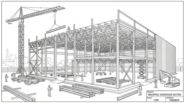 Industrial Building Construction Site with Crane and Steel Frame.