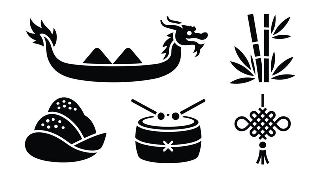 Traditional dragon boat festival icons with bamboo plant drum knot and rice dumpling set.