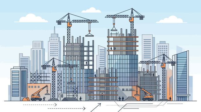 Urban construction site with cranes and buildings under development.