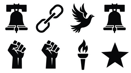 Set of black icons featuring liberty bell and broken chain and peace dove and protest fist. © SabitaRani