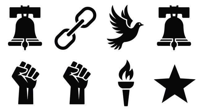Set of black icons featuring liberty bell and broken chain and peace dove and protest fist.