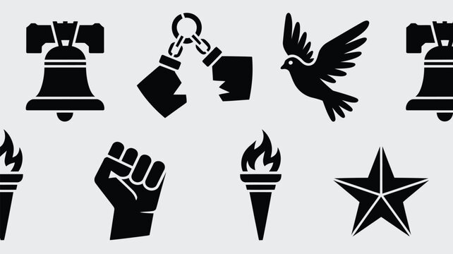 Graphic collection of icons including liberty bell and shackles and dove and raised fist.