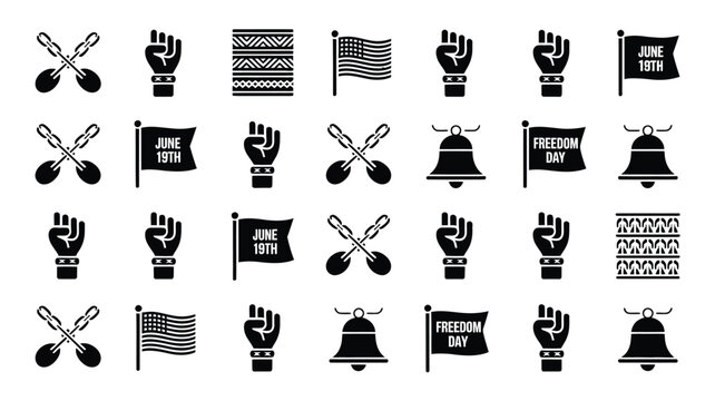 Set of juneteenth themed icons featuring american flags and bells and raised fist symbols.
