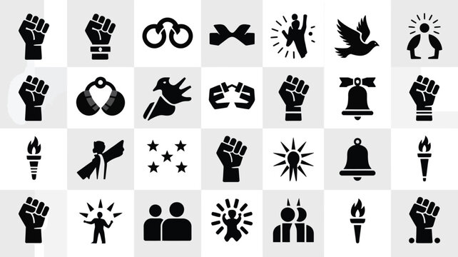 Resistance and unity icons featuring raised fists bells torches and community silhouettes.