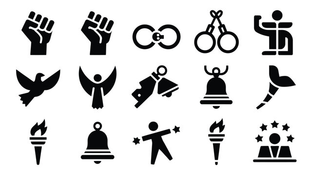 Black silhouette symbols of peace freedom and victory including dove bell and raised fist.
