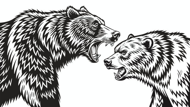 Vector illustration of two wild grizzly bears facing off in an aggressive confrontation with predator
