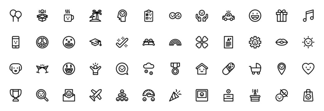 Happiness icon set. Minimal vector icons. Includes balloons, gift, coffee, island, happy, friend, music, peace, success, rainbow, love, sun, travel, cake, and more. Editable stroke.