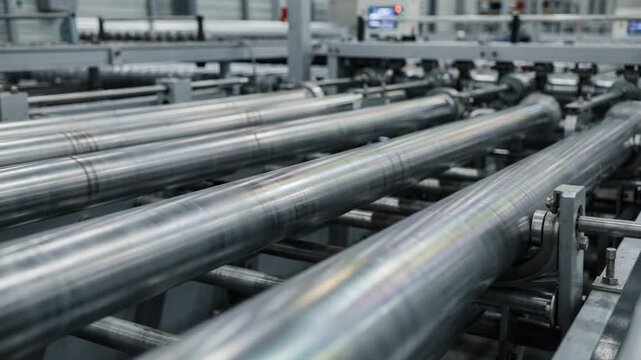 Medium shot capturing pipes being coated with innovative selfhealing inorganic layers showcasing advanced anticorrosion technology in an industrial production line setting