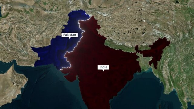 High altitude rendering of Asian topography focusing on the national borders of Pakistan and India