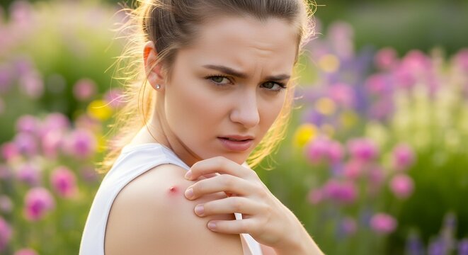 Woman scratches insect bite on shoulder in garden