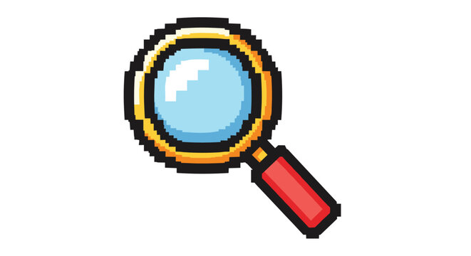 Retro pixel art magnifying glass with a red handle and gold frame for search symbols in video games or nostalgic technology themed designs.