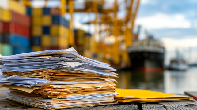 Stack of colorful office folders containing paperwork at cargo port station
