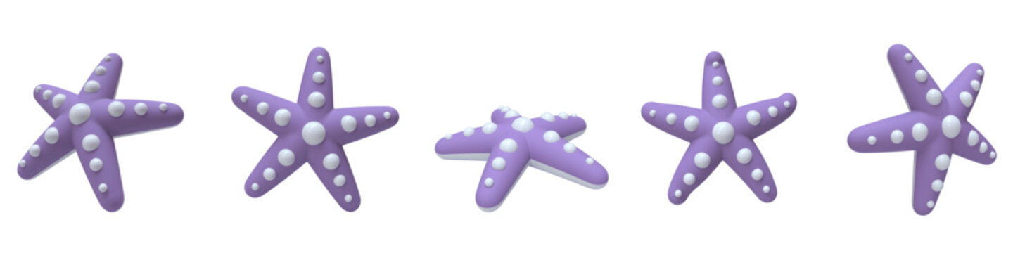 Cute purple starfish in 3D style, shown from multiple angles and different positions. Realistic vector set, isolated, in lilac lavender color. Modern 3D rendered clay and plastic cartoon style.