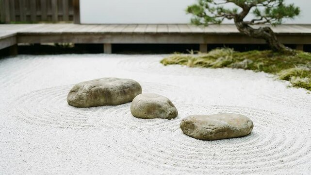 A peaceful Japanese Zen garden featuring raked white sand patterns and three natural stones, creating a serene environment for meditation.