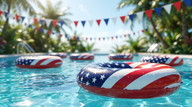 American flag inflatable floats drifting across a sunlit swimming pool surrounded by colorful bunting and tropical greenery, celebrating freedom, fun and patriotic holiday spirit