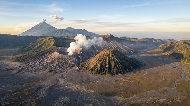 mountain landscape with volcano and mountains in Tengger Semeru National Park, Java, Indonesia. Aerial view volcano crater.