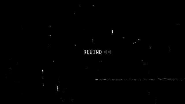 rewind vhs align middle with scratches and dust effect vintage film old tape text and logo transparent looping, noise from analog TV, retro vintage old film overlay