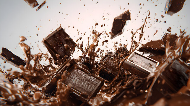 Chocolate chunks splashing into liquid chocolate