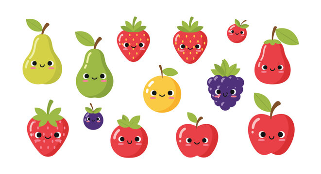 Cute fruit characters with happy faces including strawberries, pears, apples, and blackberries in cartoon style.